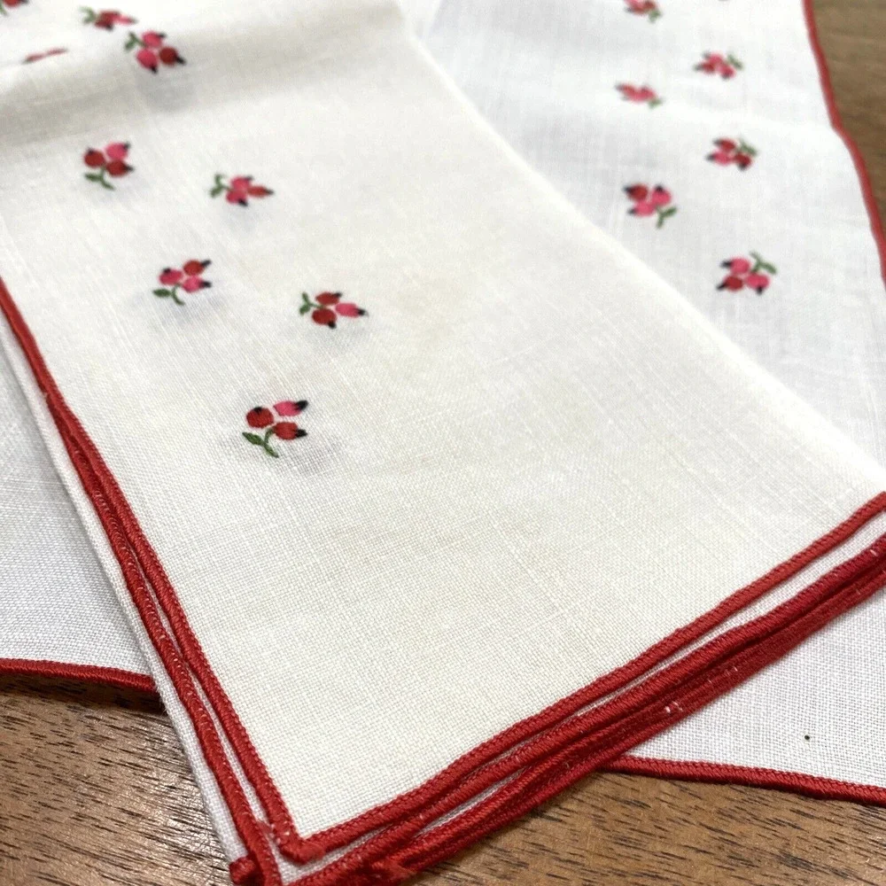 Vintage Set of Cloth Luncheon Placemats (4) Red & Pink Floral Embroidery Details